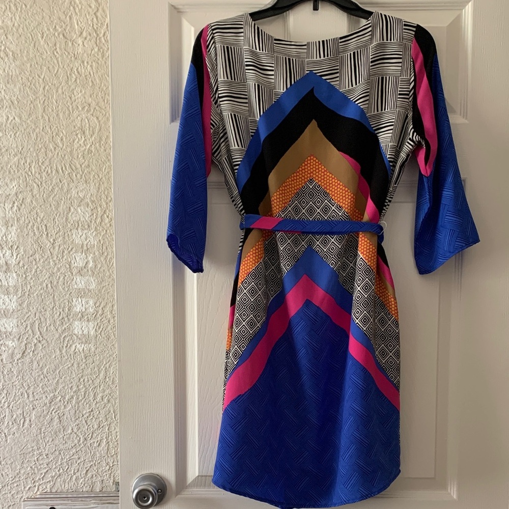 Renee C. Blue, Pink & Gold Geometric Belted Midi Dress - Picture 5 of 6